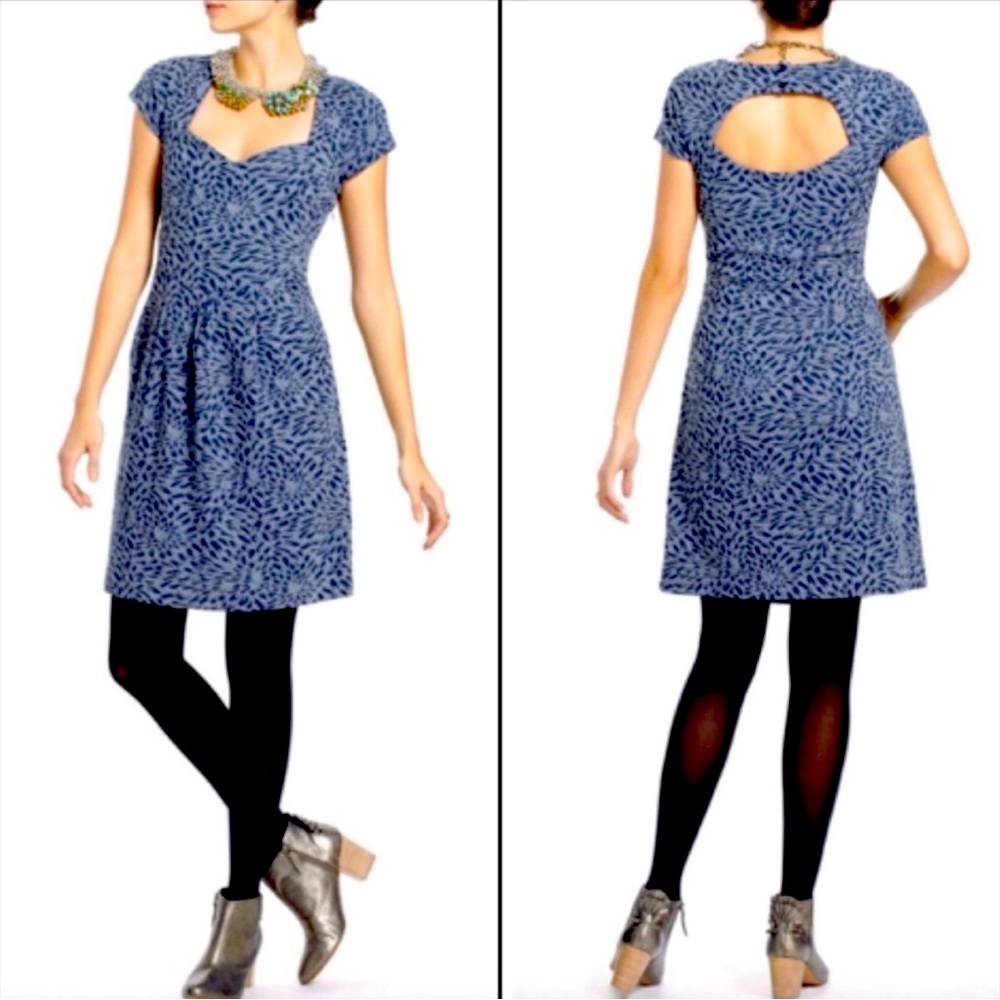 Deletta Anthropologie Caledonia Dress Blue Gray Jacquard Cut Out Back Medium